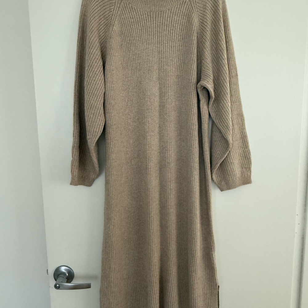 Wool Tan Ribbed Maxi Knit Dress